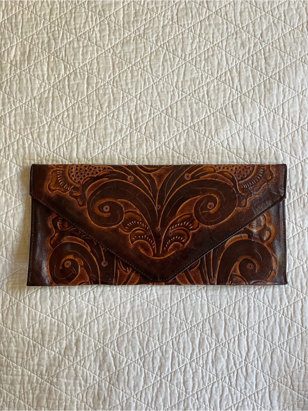 Vintage Hand Tooled Leather Envelope Clutch Purse
